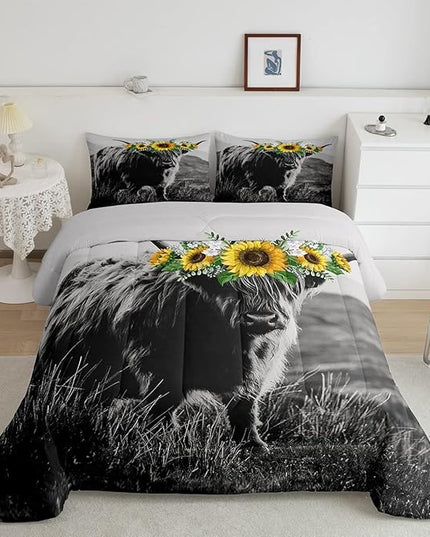 Highland Cow Comforter Set King Size for Adult Women Sunflower Cow Print Bedding Farmhouse Decor Wild Animal Cows with Gray Fur Quilted Duvet Decor 3 Pcs Bedding ,1 Duvet Cover + 2 Pillowcases - LeafyLoom