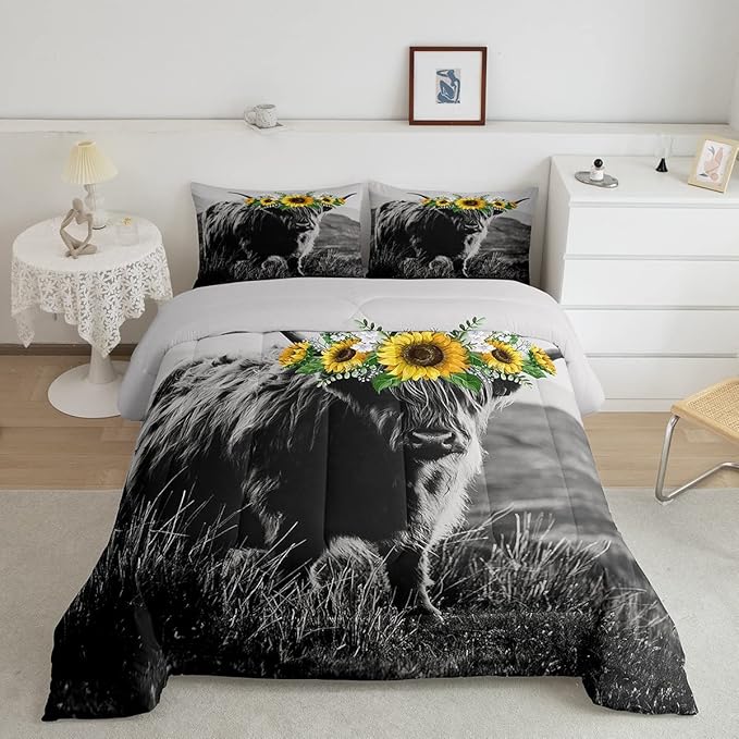 Highland Cow Comforter Set Twin Size Bull Cattle Flower Down Comforter Yellow Sunflower Western Funny Animal Cow Print Quilted Duvet Wild Animal Farmhouse Cow Bedding Comforters, with 1 Pillowcase - LeafyLoom