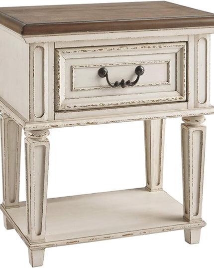 Signature Design by Ashley Realyn Traditional Cottage 1 Drawer Nightstand with Dovetail Construction & Open Display Shelf, Chipped White, Distressed Brown - LeafyLoom