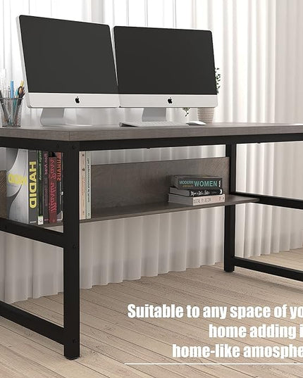 TOPSKY Computer Desk with Bookshelf/Metal Hole Cable Cover 1.18" Thick Desk (55", Espresso Gray) - LeafyLoom