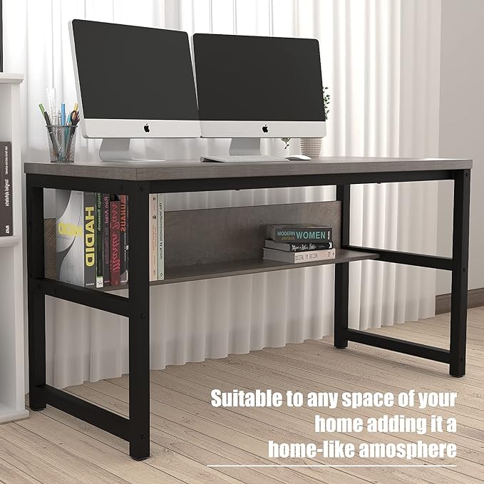 TOPSKY Computer Desk with Bookshelf/Metal Hole Cable Cover 1.18" Thick Desk (55", Espresso Gray) - LeafyLoom
