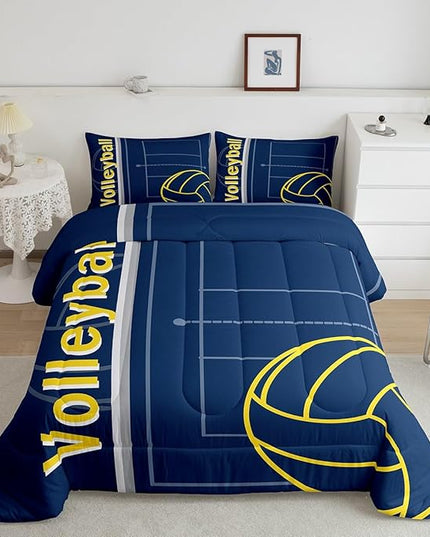 Feelyou Volleyball Bedding Set Queen Size Sports Game Comforter Set for Kids Boys Girls Decor Volleyball Player Comforter Microfiber Blue Yellow Duvet Set Bedroom Quilt Set - LeafyLoom
