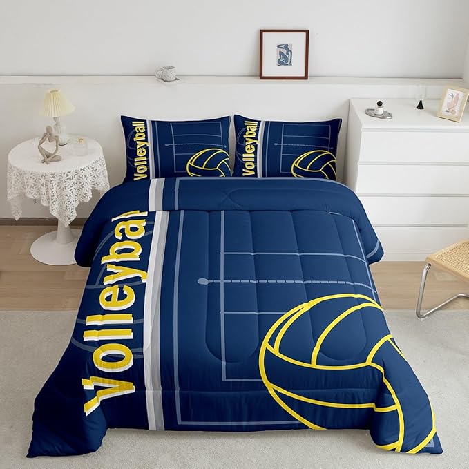 Feelyou Volleyball Bedding Set King Size Sports Game Comforter Set for Kids Boys Girls Decor Volleyball Player Comforter Microfiber Blue Yellow Duvet Set Bedroom Quilt Set - LeafyLoom
