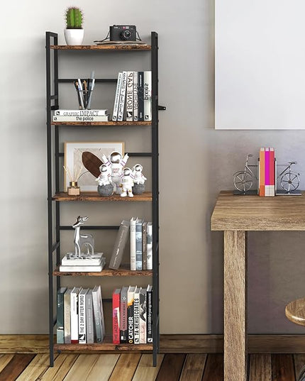 DOMYDEVM Tall Bookshelf, 5 Tier Free Standing Shelves, Wood Storage Shef Unit with Metal Frame, Brown Bookshelf for Small Spaces, Office, Living Room, Bedroom - LeafyLoom