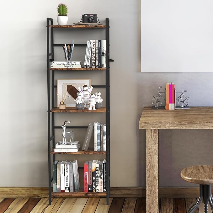 DOMYDEVM Tall Bookshelf, 5 Tier Free Standing Shelves, Wood Storage Shef Unit with Metal Frame, Brown Bookshelf for Small Spaces, Office, Living Room, Bedroom - LeafyLoom