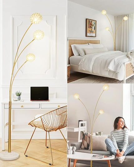 Depuley Floor Lamp, 3-Light Adjustable Metal Floor Lamps with Marble Base, Dimmable Tall Pole Tree Standing Lamp with Flexible Rotating Lights for Living Room, Bedroom(Gold, G9 Bulbs Included) - LeafyLoom
