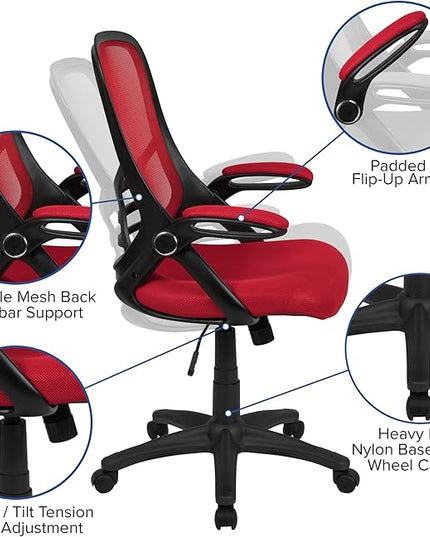Flash Furniture Porter High Back Mesh Ergonomic Swivel Office Chair with Lumbar Support, Flip-Up Arms, Tilt Lock/Tilt Tension, Height Adjustable, Red/Black Frame - LeafyLoom