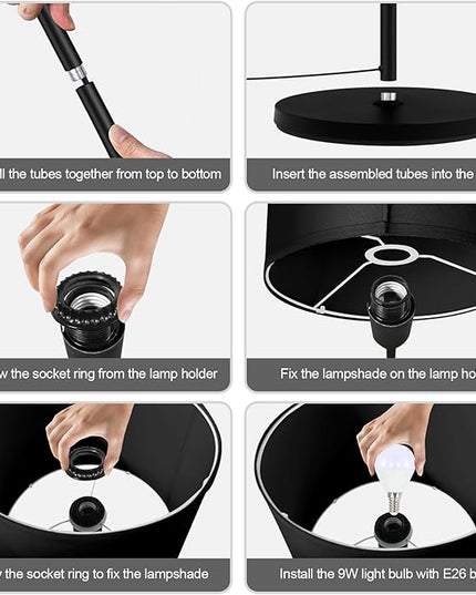 Black Floor Lamps for Living Room Bedroom, Bright Modern Standing Lamp with 3 Color Temperatures(9W Bulb), Black Lamp Shade, 59" Tall, Footswitch, Simple Reading Floor Lamps Corner Lamp for Office/Den - LeafyLoom