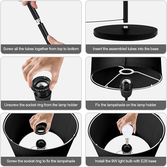 Black Floor Lamps for Living Room Bedroom, Bright Modern Standing Lamp with 3 Color Temperatures(9W Bulb), Black Lamp Shade, 59" Tall, Footswitch, Simple Reading Floor Lamps Corner Lamp for Office/Den - LeafyLoom
