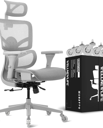 WELLNEW Prestige Ergonomic Office Chair - Height Adjustable Backrest Lumbar Support, Seat Depth Adjust, 3D Headrest, 4D Armrests, Blade Wheels, Mesh Computer Gaming Chairs Executive Swivel Chair - LeafyLoom
