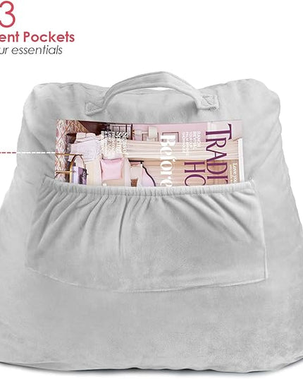 Clara Clark Reading Pillow, Standard Back Pillow for Sitting Up in Bed, Memory Foam Back Support Pillow, Reading Pillows for Sitting in Bed, Light Grey Sit Up Pillow for Bed, Arm Pillow with Pockets - LeafyLoom