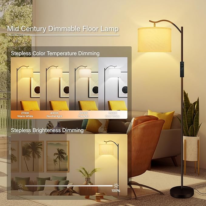 BoostArea Floor Lamp for Living Room,Arc Floor Lamp with Remote Control,Stepless Dimmable Brightness & Colors Temperature 2700k-6500k,Modern Standing Lamp for Bedroom Study Room Office,White - LeafyLoom