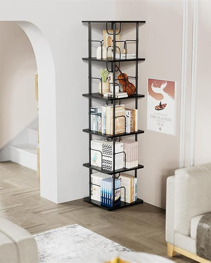 5 Tier Square Rotating Bookshelf, 360 ° Display Stackable Spinning Bookshelf Tower, Space Saving Tall Floor Standing Swivel Bookcase Corner Storage Organizer for Bedroom, Living Room, Black - LeafyLoom
