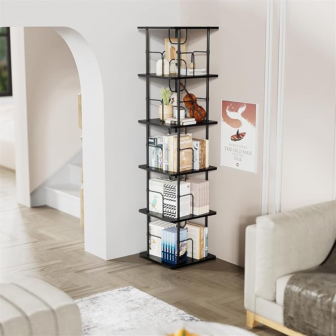 5 Tier Square Rotating Bookshelf, 360 ° Display Stackable Spinning Bookshelf Tower, Space Saving Tall Floor Standing Swivel Bookcase Corner Storage Organizer for Bedroom, Living Room, Black - LeafyLoom
