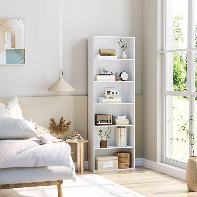 FOTOSOK 6-Tier Open Bookcase and Bookshelf, Freestanding Display Storage Shelves Tall Bookcase for Bedroom, Living Room and Office, White - LeafyLoom