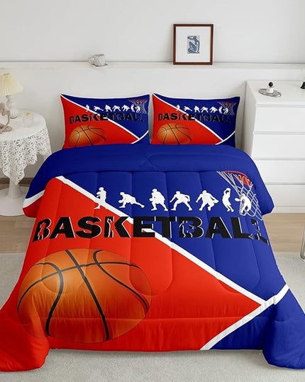 Erosebridal Basketball Queen Bedding Sets For Boys Girls Basketball Player Comforter Set Sports Bedding Comforter Sets For Kids Teen Orange Blue Geometric Quilt Duvet 2 Pillow Cases Bedroom Dorm Decor - LeafyLoom