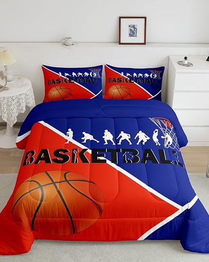 Erosebridal Basketball Full Bedding Sets for Boys Girls Basketball Player Comforter Set Sports Bedding Comforter Sets for Kids Teen Orange Blue Geometric Quilt Duvet 2 Pillow Cases Bedroom Dorm Decor - LeafyLoom