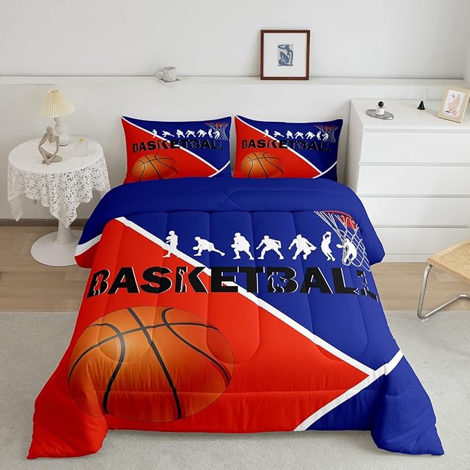 Erosebridal Basketball Full Bedding Sets for Boys Girls Basketball Player Comforter Set Sports Bedding Comforter Sets for Kids Teen Orange Blue Geometric Quilt Duvet 2 Pillow Cases Bedroom Dorm Decor - LeafyLoom