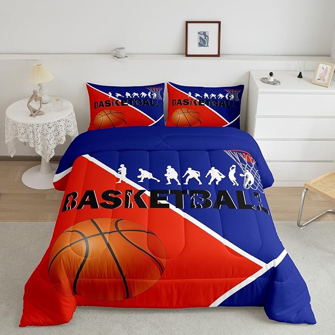 Erosebridal Basketball King Bedding Sets for Boys Girls Basketball Player Comforter Set Sports Bedding Comforter Sets for Kids Teen Orange Blue Geometric Quilt Duvet 2 Pillow Cases Bedroom Dorm Decor - LeafyLoom