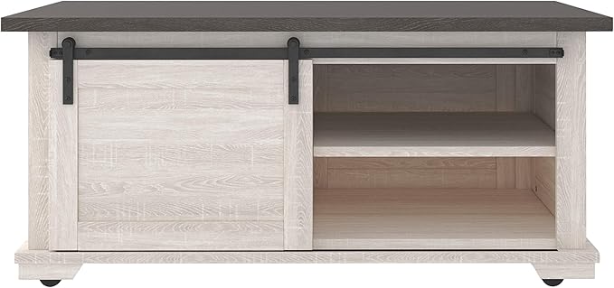 Signature Design by Ashley Dorrinson Farmhouse Coffee Table with Sliding Barn Doors, Antique White & Brown - LeafyLoom