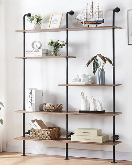 HOMISSUE Industrial Bookshelf 5-Tier Open Wall Mount Ladder Bookshelf, Modern Bookcase with Metal Frame and Wood Style for Home Office, Wall Mounted industrial Iron Pipe Shelf, Oak Brown - LeafyLoom