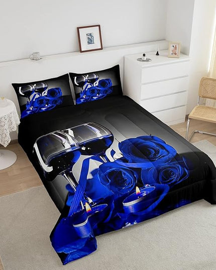 Girly 3D Rose Queen Comforter Set for Teens Rose Floral Wine Glass Bedding Sets Bedroom Decor Blue Flowers Down Comforter Couple Valentine's Day Duvet Insert Black Grey Quilted Comforter, 3Pcs - LeafyLoom