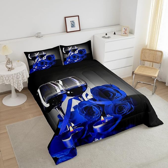 Erosebridal Rose Floral Bedding Set Full 3D Blue Rose Wine Glass Comforter Set for Women Men Adult Romantic Valentine's Day Blossom Quilt Set Banquet Flower Duvet Set, Black Gray Down Comforter - LeafyLoom