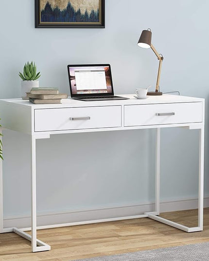 Tribesigns 40 Inch White Computer Desk, White Writing Desk with 2 Drawers, Modern Simple Study Desk Makeup Vanity Table for Bedroom Small Spaces - LeafyLoom