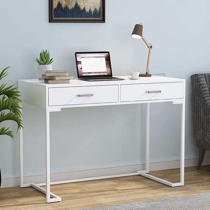 Tribesigns 40 Inch White Computer Desk, White Writing Desk with 2 Drawers, Modern Simple Study Desk Makeup Vanity Table for Bedroom Small Spaces - LeafyLoom