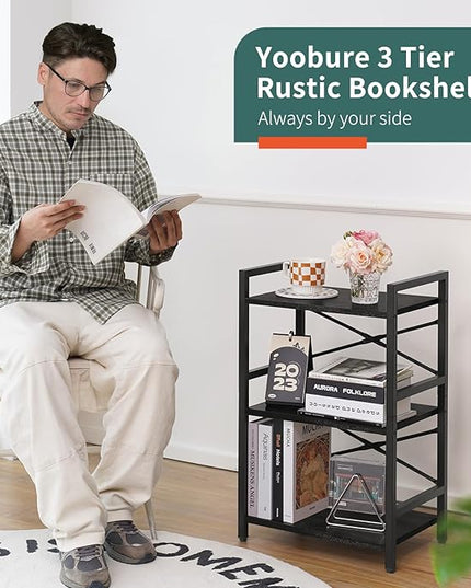 Yoobure Bookshelf Small Book Shelf, Solid Industrial 3 Tier Shelf Bookcase, Short Book Case for Bedroom, Living Room, Office Home, Small Spaces, Black - LeafyLoom