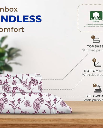 THREAD SPREAD 100% Egyptian Cotton Printed Bed Sheets - 600 Thread Count 3 PC Twin XL Sheet Set, Hotel Luxury Sateen Bedsheets, 16" Deep Pocket Cooling Sheets for Twin XL Size Bed - Paisley - LeafyLoom