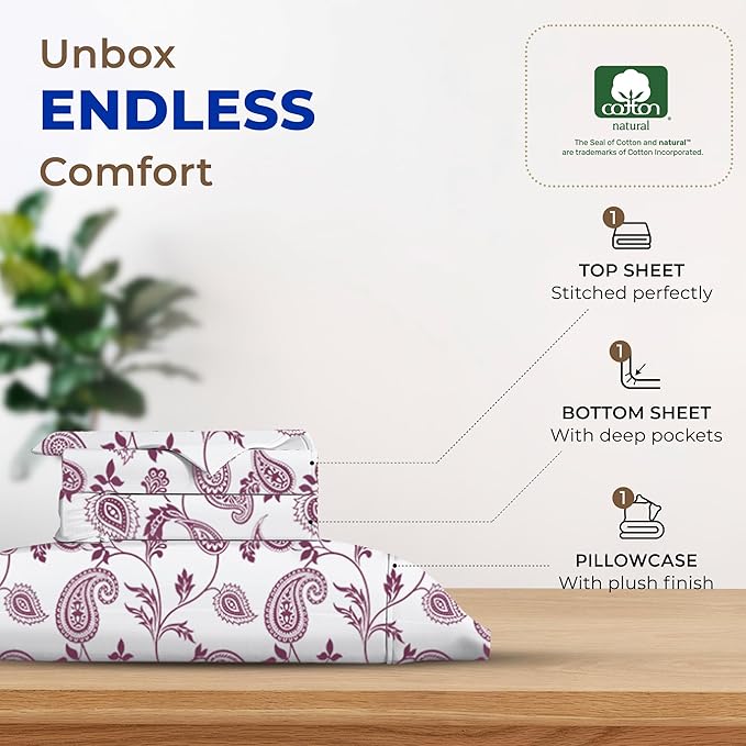 THREAD SPREAD 100% Egyptian Cotton Printed Bed Sheets - 600 Thread Count 3 PC Twin XL Sheet Set, Hotel Luxury Sateen Bedsheets, 16" Deep Pocket Cooling Sheets for Twin XL Size Bed - Paisley - LeafyLoom