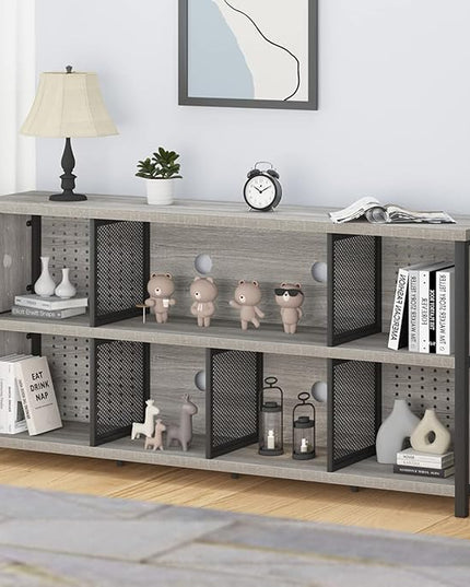 LVB Industrial 4 5 6 7 8 Cube Bookcase, Rustic Wood Metal Horizontal Bookshelf, Modern Wide Cube Organizer Storage Shelf, Large Long Low Book Shelf for Office Bedroom Living Room, Light Grey Oak 63 In - LeafyLoom