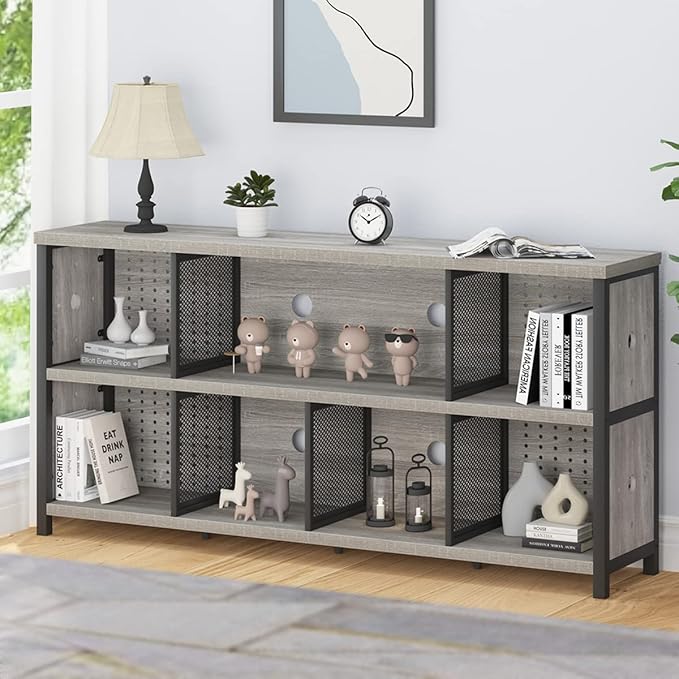 LVB Industrial 4 5 6 7 8 Cube Bookcase, Rustic Wood Metal Horizontal Bookshelf, Modern Wide Cube Organizer Storage Shelf, Large Long Low Book Shelf for Office Bedroom Living Room, Light Grey Oak 63 In - LeafyLoom