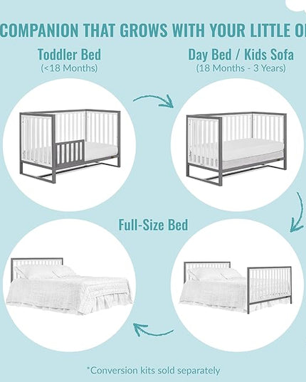 Arlo 5-in-1 Convertible Crib in Steel Grey and White, JPMA Certified, 3 Mattress Height Settings, Non-Toxic Finish, Made of Sustainable and Sturdy Pinewood - LeafyLoom