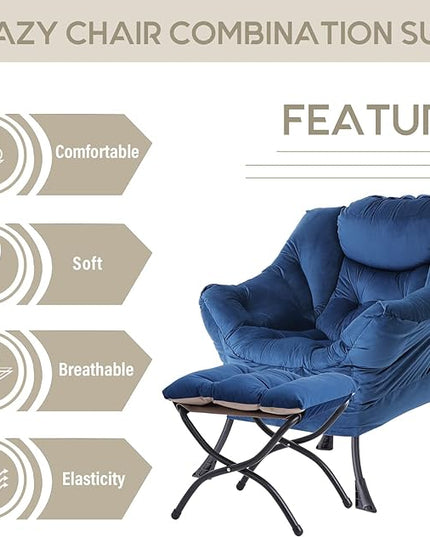 LITA Lazy Chair with Ottoman, Modern Accent Leisure Upholstered Sofa Chair, Contemporary Lounge Reading Chair with Armrests and a Side Pocket for Living Room, Bedroom & Small Space, Royal Blue - LeafyLoom