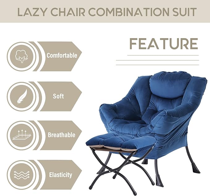 LITA Lazy Chair with Ottoman, Modern Accent Leisure Upholstered Sofa Chair, Contemporary Lounge Reading Chair with Armrests and a Side Pocket for Living Room, Bedroom & Small Space, Royal Blue - LeafyLoom