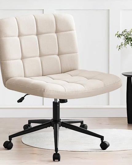 Furniliving Home Office Desk Chair with Wheels,Criss Cross Legged Wide Chair Armless Height Adjustable Chair with Mid Back Swivel Accent Vanity Chairs,Linen-Beige - LeafyLoom