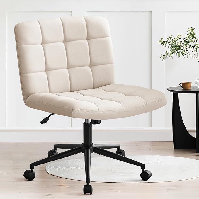 Furniliving Home Office Desk Chair with Wheels,Criss Cross Legged Wide Chair Armless Height Adjustable Chair with Mid Back Swivel Accent Vanity Chairs,Linen-Beige - LeafyLoom