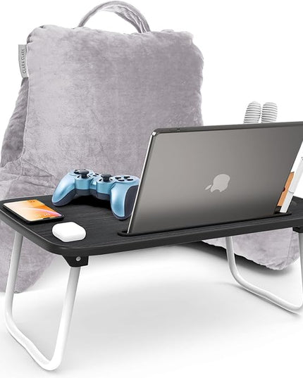 Clara Clark Reading Pillow with Portable Lap Desk Set for Kids, Back Pillow for Sitting Up in Bed, Memory Foam Back Support Pillow, Bed Rest Pillow with Foldable Laptop Desk, Small - Grey Lavender - LeafyLoom