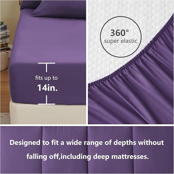 CozyLux Queen Size Comforter Set - 7 Pieces Bed in a Bag Set Purple, Bedding Sets Queen with All Season Quilted Comforter, Flat Sheet, Fitted Sheet, Pillowcases, Purple, Queen - LeafyLoom