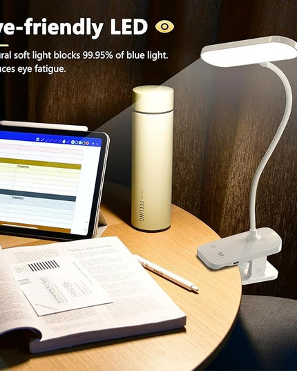 Desk Lamp Battery Operated, Clip on USB Rechargeable Reading Light for Headboard with Large Clamp, 25 Models Adjustable Cordless Touch Light for Bed Frame Bunk Dorm Table Bedside (White) - LeafyLoom