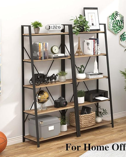 BON AUGURE Industrial 5 Tier Ladder Bookshelf, Wood and Metal Ladder Shelf Bookcase, Farmhouse Leaning Shelves for Living Room (Vintage Oak) - LeafyLoom
