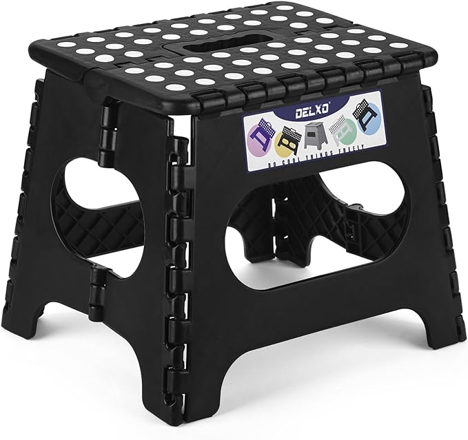 Delxo Folding Step Stool,11 Inch Non-Slip Foldable Step Stools for Kids and Adults,Portable Foldable Step Stool Lightweight Small Folding Stool with Handle for Kitchen Bathroom in Black,1 Pack - LeafyLoom