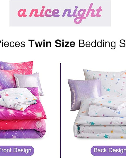 A Nice Night 6Pcs Gradient Glitter Bedding Set for Girls, Colorful Rainbow Galaxy Comforter Set, Ultra Soft Bedding Sets (Pink-Purple,Twin 6Pcs) - LeafyLoom