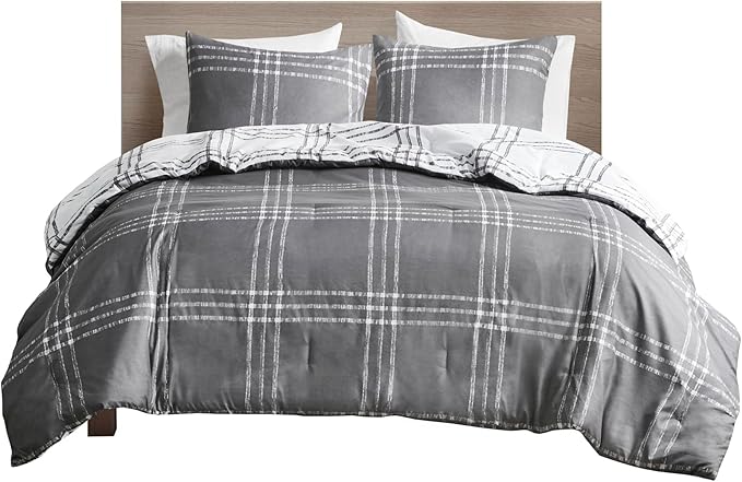 Intelligent Design Pike Reversible Comforter Set, Cottage Plaid Print, Modern Cabin Lifestyle, Down Alternative, All Season Bedding with Matching Sham, Full/Queen White/Grey 3 Piece - LeafyLoom