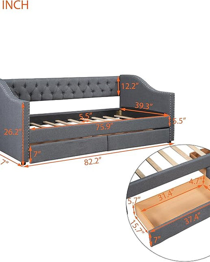 Twin Size Upholstered Daybed with Two Storage Drawers, Tufted Sofa Bed w/Nailhead Trim and Wood Slat Support, for Bedroom, Living Room, Guest Room, Gray - LeafyLoom