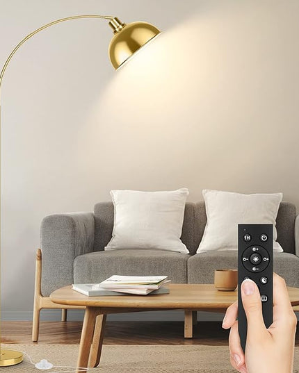 Arc Floor Lamps for Living Room, Modern Tall Standing Lamp Remote Control,Stepless Dimmable Gold Floor Lamp with Hanging Dome Shade, Over Couch Arched Reading Lamp for Bedroom, Office (Bulb Included) - LeafyLoom