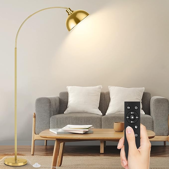 Arc Floor Lamps for Living Room, Modern Tall Standing Lamp Remote Control,Stepless Dimmable Gold Floor Lamp with Hanging Dome Shade, Over Couch Arched Reading Lamp for Bedroom, Office (Bulb Included) - LeafyLoom