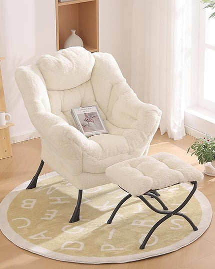 Lazy Chair with Ottoman, Modern Chair with Folding Footrest, Lounge Accent Chair, Comfortable Reading Chair for Bedroom, Study, Living Room, Courtyard (Plush Beige) - LeafyLoom